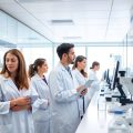 Oameni de știință inovatori lucrează într-un laborator modern, cu echipamente avansate.