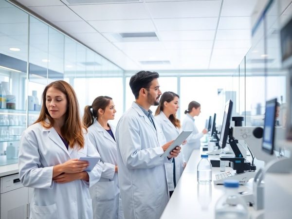 Oameni de știință inovatori lucrează într-un laborator modern, cu echipamente avansate.